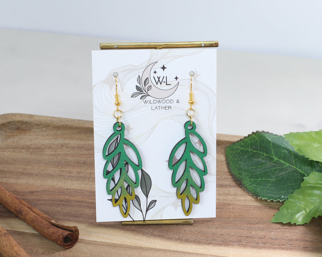 Witchy Leaves wooden earrings.