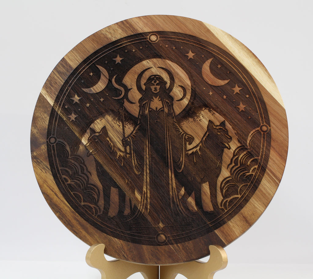 Wooden disc with engraved design of Hecate and animals on a stand
